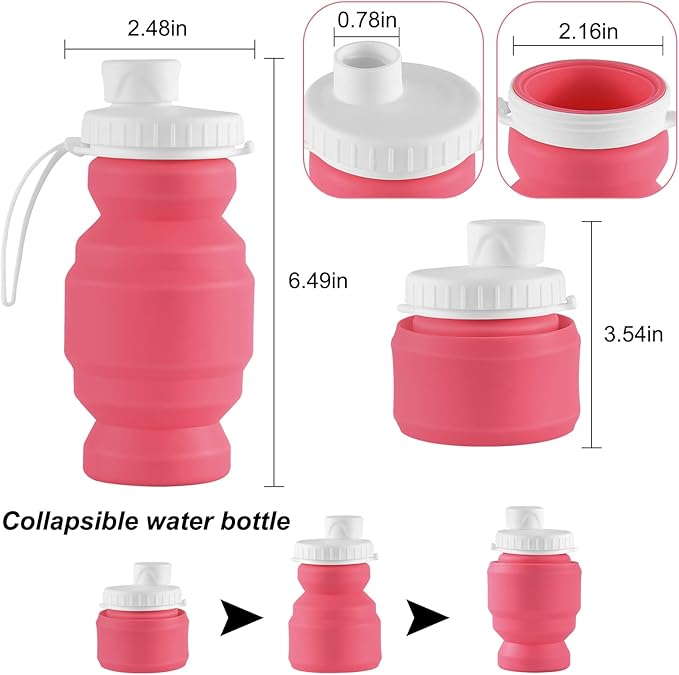 THAIOXYH® Collapsible Water Bottles 11 oz（320ml） Reuseable Foldable Portable BPA Free Silicone Collapsible Water Bottles for Traveling Hiking Camping Sports (pink)…