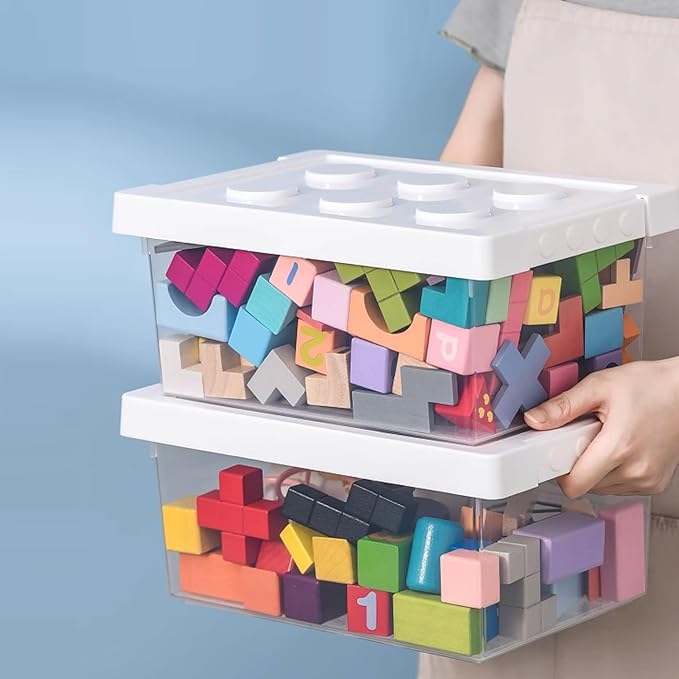 loobuu Plastic Storage Bins with Lids - Stackable Toy Storage Organizer Box Set of 2, Kids Toy Chests with Compatible Building Baseplate and Lid, Storage Container for Building Bricks & Toys- White