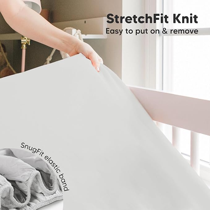 Pack and Play Sheets Fitted, 2-Pack Mini Crib Sheets - Pack N Play Sheets, Organic Fitted Crib Sheet for Pack and Play Mattress, Playard Baby Crib Sheets, Crib Sheets Neutral for Boys (French Gray)