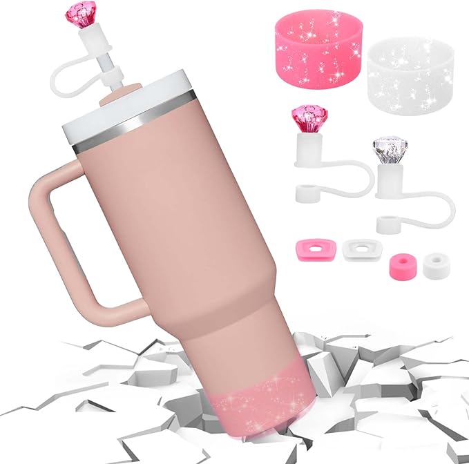 Mity rain Set for Stanley Cup Accessories, Including 2Pcs Diamond Straw Topper, 4 Pcs Silicone Spill Proof Stopper, 2Pcs Protective Glitter Silicone Boot, Pink and White Set for Stanley Cup 40/30 OZ