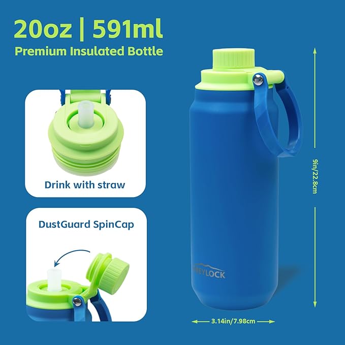 Greylock 20 oz Water Bottle Insulated with Straw Lid, Reusable Metal Water Bottle Stainless Steel with Carry Handle for Travel,Sports, BPA-Free Leak Proof When Closed, Cold for 24 Hours (Blue)