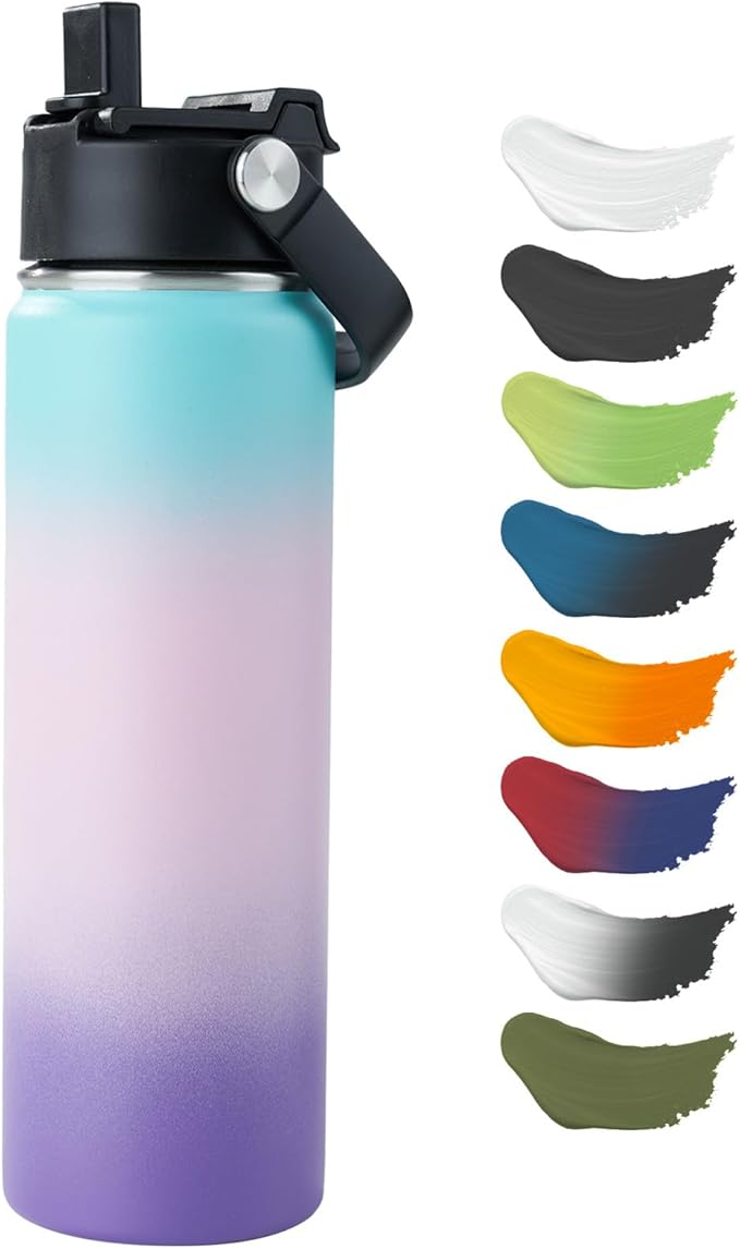 Kerilyn Stainless Steel Insulated Water Bottle, 24oz Double Wall Vacuum Insulated Water Bottle Leak Proof with Silicone Straw, Wide Mouth Lid, BPA Free, Keep Cold and Hot, 24oz, Pink Gradient