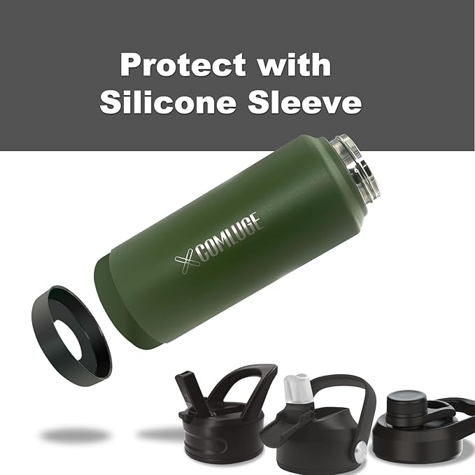 Green 32 oz insulated water bottle with straw stainless steel water bottle,double wall,leak proof water bottles with 3 lids,travel,gym mens water bottle (Navy Green, 32oz)