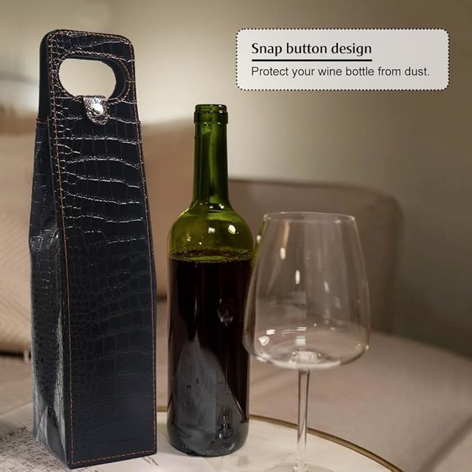 Single Bottle Wine Tote, Reusable Leather Wine Bag Tote, Single Bottle Wine Tote Bag, Crocodile Grain Wine Gift Bag for Picnic, Travel, Party, Birthday, Wedding, Restaurant (Black)