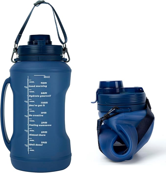 Collapsible Water Bottles 64oz with Removable Straw, Odorless BPA-Free Silicone, Leak-Proof Foldable Reusable Bottle - Perfect for Cruise Travel Sports Gym Hiking Camping Cycling - Blue