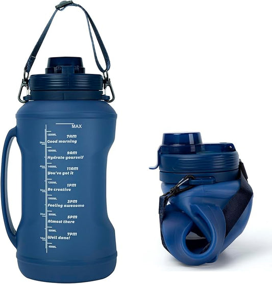 Collapsible Water Bottles 64oz with Removable Straw, Odorless BPA-Free Silicone, Leak-Proof Foldable Reusable Bottle - Perfect for Cruise Travel Sports Gym Hiking Camping Cycling - Blue