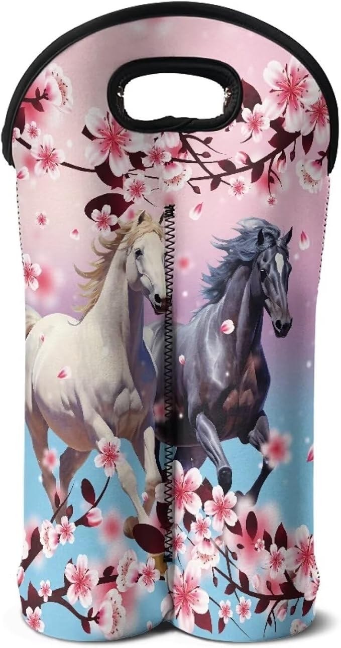 doginthehole Horse Print Wine Tote Neoprene Wine Carrier Bag with Handle Cherry Blossom Wine Bottle Holder Champagne Beer Bottle Sleeve Protective Travel Bag for Birthday, Wedding, Picnic Party