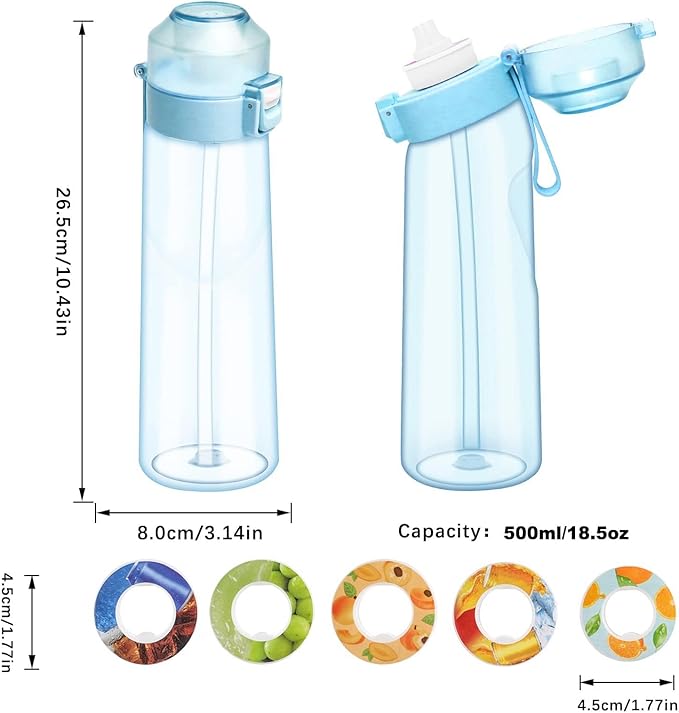 Water Bottle with Flavor Pods 21.9 Oz/650ml Fruit Fragrance Water Bottle Recyclable Sports Air Water Cup Scented Pods for Outdoor (Blue 650ML)