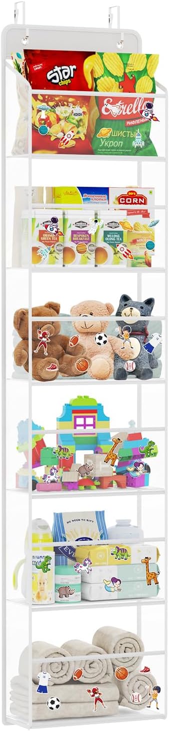 Univivi Over The Door Organizer Hanging Storage, Closet Door Organizer Baby Storage with 6 Clear Plastic Pockets & 2 Big Metal Hooks & Sticker for Cosmetics, Bathroom, Nursery and Sundries