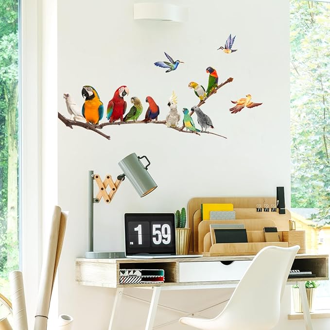 Parrot Wall Decals, Watercolor Bird On Wire Wall Decals, Removable Creative Bird Wall Stickers Birds on The Tree Branch Flower Decals Garden Living Room Bedroom TV Wall Decorations