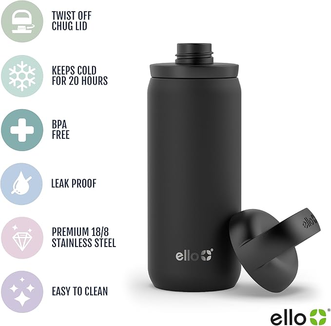 Ello Cooper Twist 18oz Kids Stainless Steel Water Bottle with Chug Lid | Leak Proof Double Walled and Vacuum Insulated | Fits Car Cupholder | Built in Carry Loop | Dishwasher Safe | Black