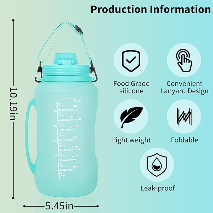 Collapsible 64oz Water Bottle with Handle & Straw - Spill-Proof Foldable Silicone Bottle for Men/Women (Cyan Color, 2L)