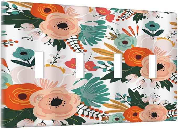 Rustic Floral Boho Colorful Flower Quad Toggle Light Switch Covers 4 Gang Wall Plate Decorative Switchplate Electrical Faceplate for Farmhouse Bathroom Bedroom Kitchen Decor