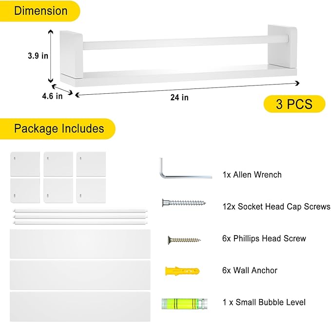 Nursery Floating Shelves for Kids Room, Set of 3 Wall Book Shelves for Kitchen Living Room, Book Shelf Wall Mounted for Baby Kids Bedoom Bathroom (White, 24inch Set 3)