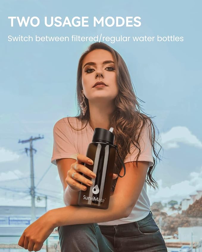 SurviMate 0.01μm Ultra-Filtration Filtered Water Bottle, Portable Water Filter Bottle with 4-Stage Filtration for Survival, Camping, Hiking, Backpacking, Drinking, Emergency