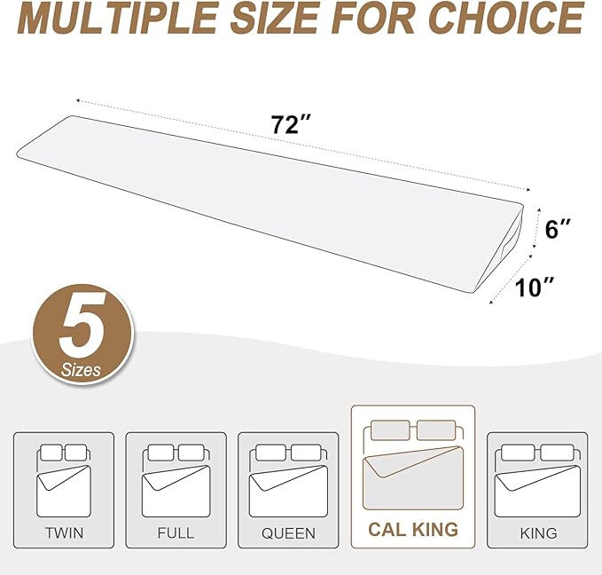 WdFour Bed Wedge Pillow, Wall and Mattress Gap Filler. Incline, Slanted Sweat-Proof Pillow for Neck and Back Pain Relief Anti-snoring for Comfortable Sleeping.(Chocolate, California King(72Wx10Dx6H))