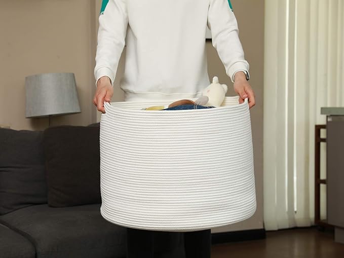 24" x 24" x 17" Max Size Large Cotton Rope Basket, Extra Large Storage Basket, Woven Laundry Hamper, Cloth Storage Bin, for Blankets Clothes Towels Pillows in Living Room, All White
