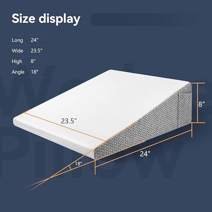 Wedge Pillow for Sleeping, 8 inch Bed Wedge Pillow, Elevated Body Pillow for Back Support, Acid Reflux, Leg, Neck Pain, Snoring, Triangle Pillow Wedge -Removable Cover, White/Grey