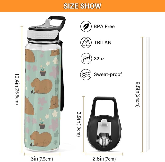 Capybara Kawaii Water Bottle with Straw Flowers Sports Bottles BPA-Free Tritan Water Jug with Carrying Strap for Gym Office Outdoor Sports
