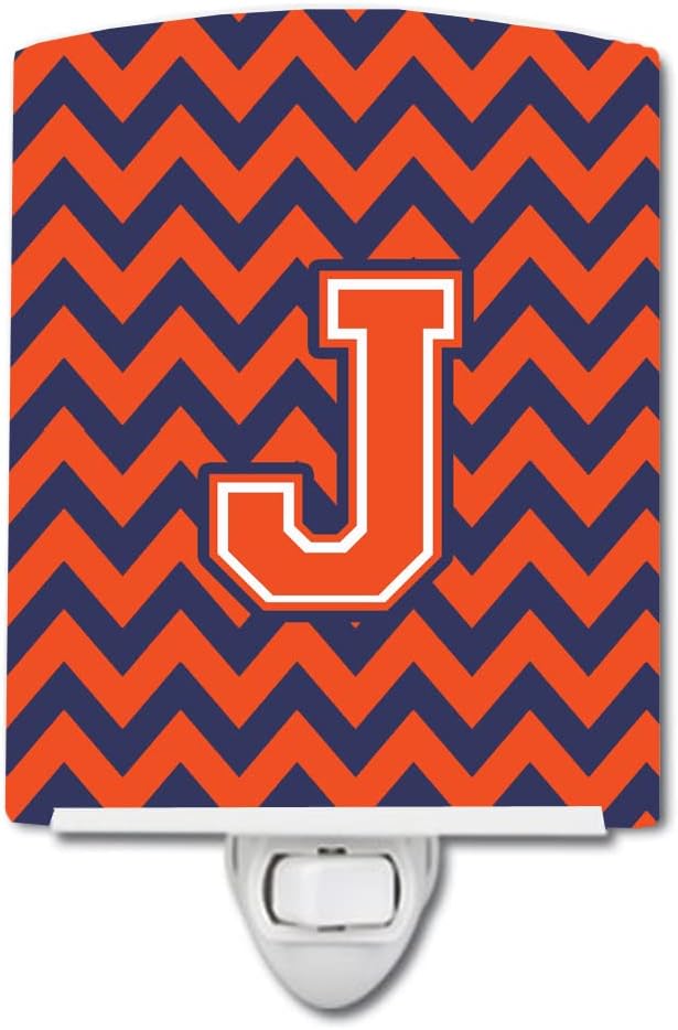 Caroline's Treasures CJ1042-JCNL Letter J Chevron Orange and Blue Ceramic Night Light Compact, UL-Certified, Ideal for Bedroom, Bathroom, Nursery, Hallway, Kitchen, 6x4x3, Multicolor