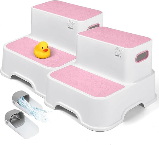2 Step Stools for Toddlers, Kids Step Stool for Bathroom Sink, No Slip Step Stool for Toddlers Bathroom (2 Pack, White Pink)