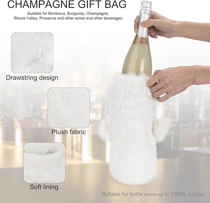 Wine Gift Bags Christmas Champagne Gift Bag for Engagement Wedding Birthday Wine Bottle Cover Decorative Fluffy Plush Drawstring Bag for 750ml Wine Bottles, Housewarming Gifts (White)