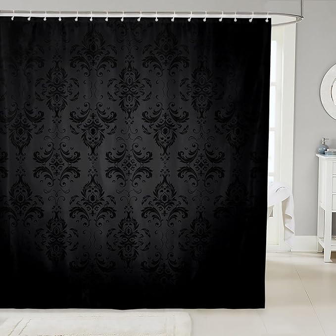 Feelyou Black Damask Shower Curtain 72"x72" Kids Vintage Floral Bathroom Shower Curtain Set for Boys Girls Teens Antique Victorian Baroque Bath Curtain Baroque Style Bathroom Accessories