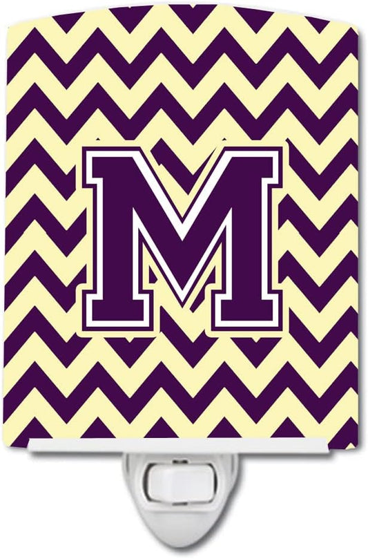 Caroline's Treasures CJ1058-MCNL Letter M Chevron Purple and Gold Ceramic Night Light Compact, UL-Certified, Ideal for Bedroom, Bathroom, Nursery, Hallway, Kitchen, 6x4x3, Multicolor