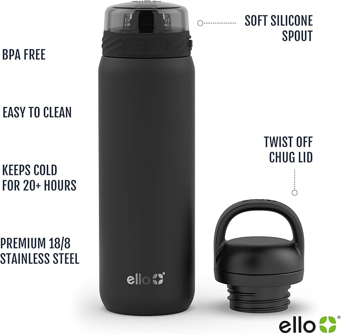 Ello Cooper 22oz Stainless Steel Water Bottle with 2 Lids Chug and Straw | Leak Proof Double Walled and Vacuum Insulated | Fits Car Cupholder | Built in Carry Loop | Dishwasher Safe | Black