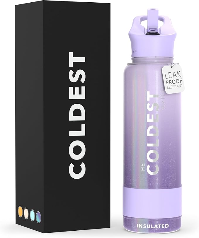 Coldest Sports Water Bottle - (Straw Lid), Leak Proof, Vacuum Insulated Stainless Steel, Hot Cold, Double Walled, Thermo Mug, Metal Canteen (40 oz, Purple Ombré Glitter)