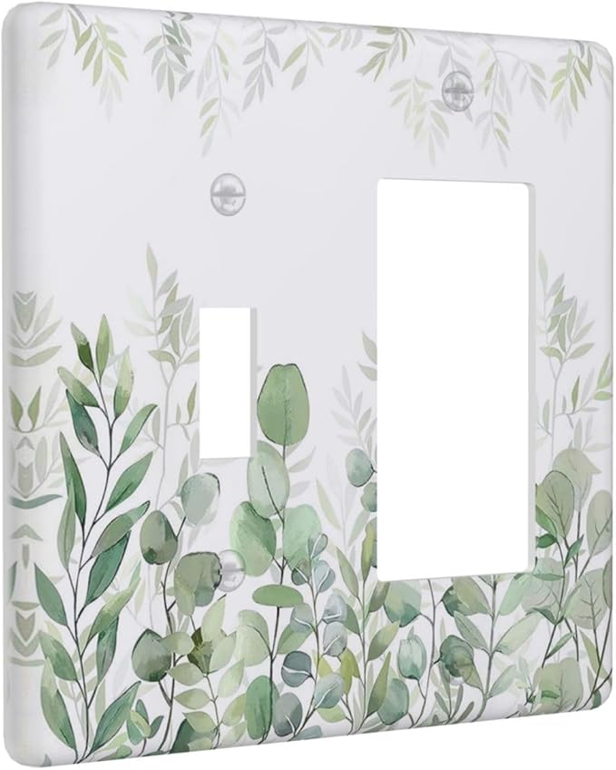 Green Eucalyptus Rustic Botanical Plant Leaves 2 Gang Single Toggle Rocker Combination Boho Light Switch Covers Decorative Wall Plate Cover Electrical Faceplate Switchplate for Country