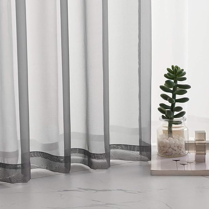 Gray Sheer Voile Curtains Short Translucent Solid Color Window Treatment 45 Inch Length Panels Rod Pocket Grey Sheers 45 Inches Long for Small Window Bedroom Living Room kitchen 2 Panels 52x45