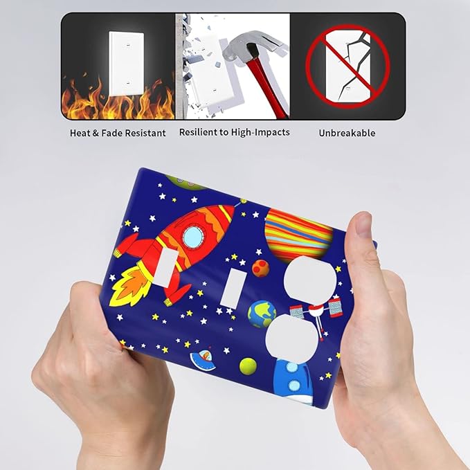 Space Astronaut Combo 2 Toggle 1 Duplex Outlet Light Switch Wall Plate Cover Decorative 3-Gang for Electrical Boys Kids Room Bathroom Bedroom Home Kitchen One Receptacle 4.5" x 6.38"