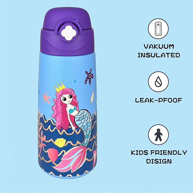 Kids Insulated Water Bottle with Covered Pop-Up Straw,16oz Kids Cups with Stainless Steel Leak Proof for School Boys Girls（Mermaid）