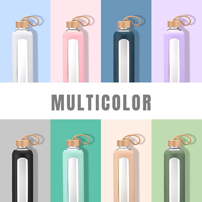 32oz Glass Water Bottle With 2 Lids-Flip Straw Lid, Bamboo Lid, Glass Water Bottle With Silicone Sleeve, Motivational Time Marker, Glass Juice Bottle for Cold Drink,Purple