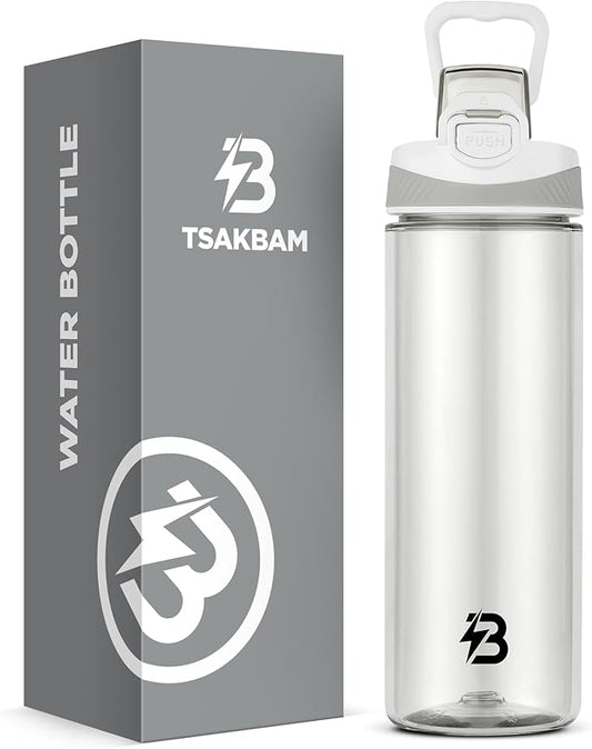 Clear Water Bottle, Reusable Sports Water Bottle Tritan with Leak-Proof Flip Top Lid and Carry Handle for Travel, Gym, Office, Outdoor (White, 21 Oz)