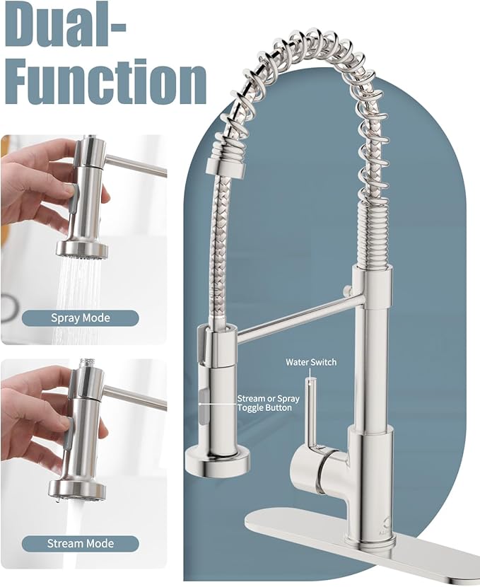 Kitchen Faucet Set, Commercial Kitchen Sink Faucets with Pull Down Sprayer and Soap Dispenser, Stainless Steel Faucets for Kitchen Sinks, Single Handle Spring Kitchen Faucets with Deck Plate