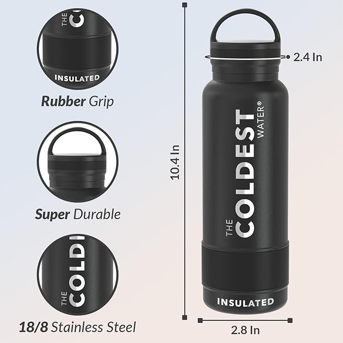 Coldest Insulated Water Bottle with Handle Lid | Leak Proof, Insulated Modern Stainless Steel, Triple Walled, Sport Thermos Bottles, Metal Flask | 21oz