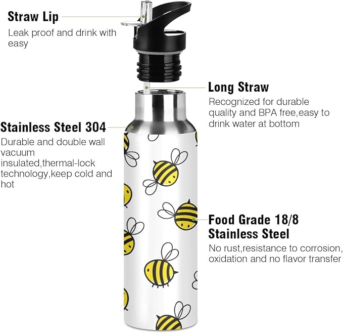 Blueangle Flying Bumble Bees Stainless Steel Water Bottle with Straw, BPA Free Reusable Leakproof Water Jug for Fitness Camping Outdoor Sports