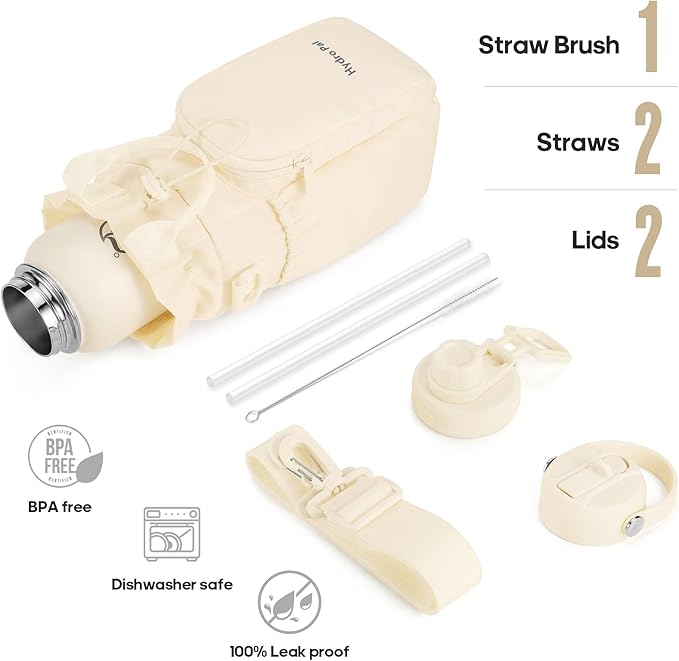 Insulated Water Bottles 32 oz with 2 Leak Proof Lids & Water Bottle Holder, Wide Mouth Sport Water Bottle with Straw, Reusable Stainless Steel Water Flask, Double Walled Vacuum Thermos