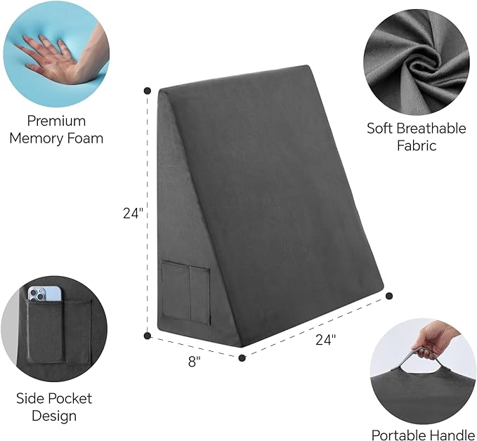 Bed Wedge Pillow for Sleeping, 8 Inch Memory Foam Wedge Pillow Post Surgery, Triangle Pillow Wedge, Elevated Support Pillows for Sleeping, Acid Reflux & Snoring - Removable Washable Cover