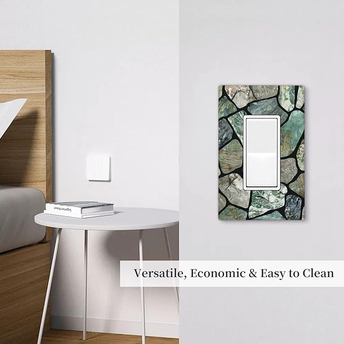 Green Stone Texture Single Rocker Light Switch Wall Plate Cover Decorative 1-Gang for Outlet Room Bathroom Bedroom Home Kitchen One Decora Receptacle Polycarbonate Power Gear 4.5" x 2.76"