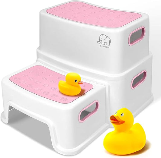 Pink Toddler Step Stool for Toilet, Two Step Stool for Kids Bathroom with Handle for Potty Training, Non-Slip Girls Small Heavy Duty Plastic Stool for Sink Bed Kitchen Counter (White-Pink)