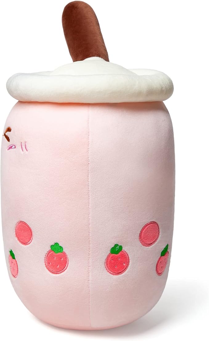 Niuniu Daddy Strawberry Boba Plushies -13.7inch Kawaii Pink Bubble Tea Stuffed Animals- Soft Squishy Milk Tea Plush Cuddle Pillow- Adorable Plushie Food Toys for Kids-Plushies Gift for Easter Basket