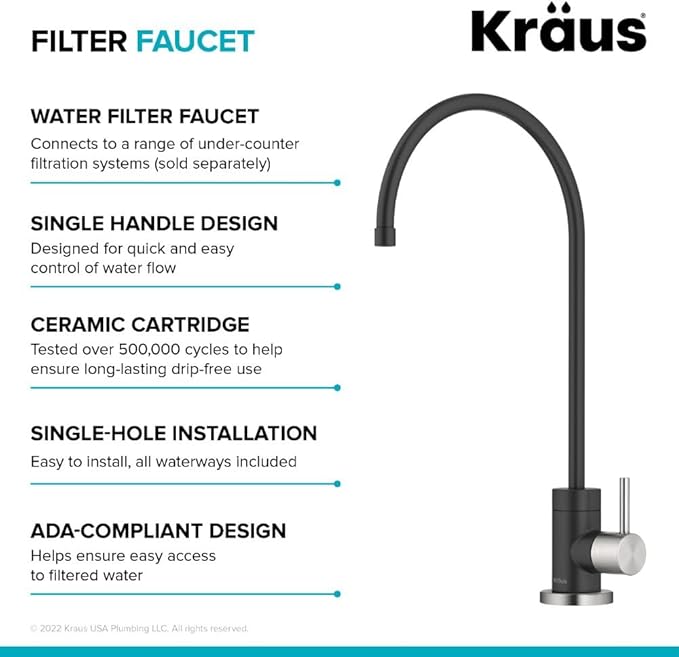 KRAUS® Purita™ Single Handle Drinking Water Filter Faucet for Reverse Osmosis or Water Filtration System in Spot-Free Stainless Steel/Matte Black, FF-100SFSMB