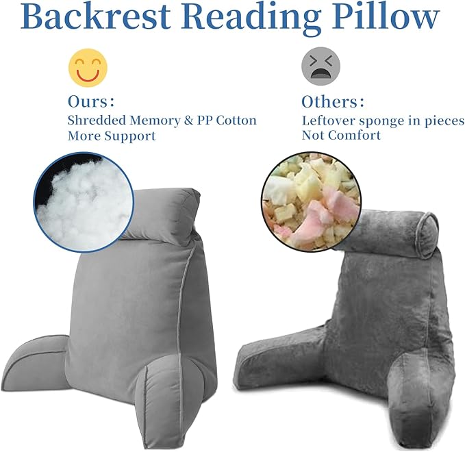 Reading Pillow for Bed Adult Size, Back Pillow for Sitting in Bed, Shredded Memory Foam Bed Chair Pillow with Arms, Pockets, Washable Cover (Light Grey, Large)
