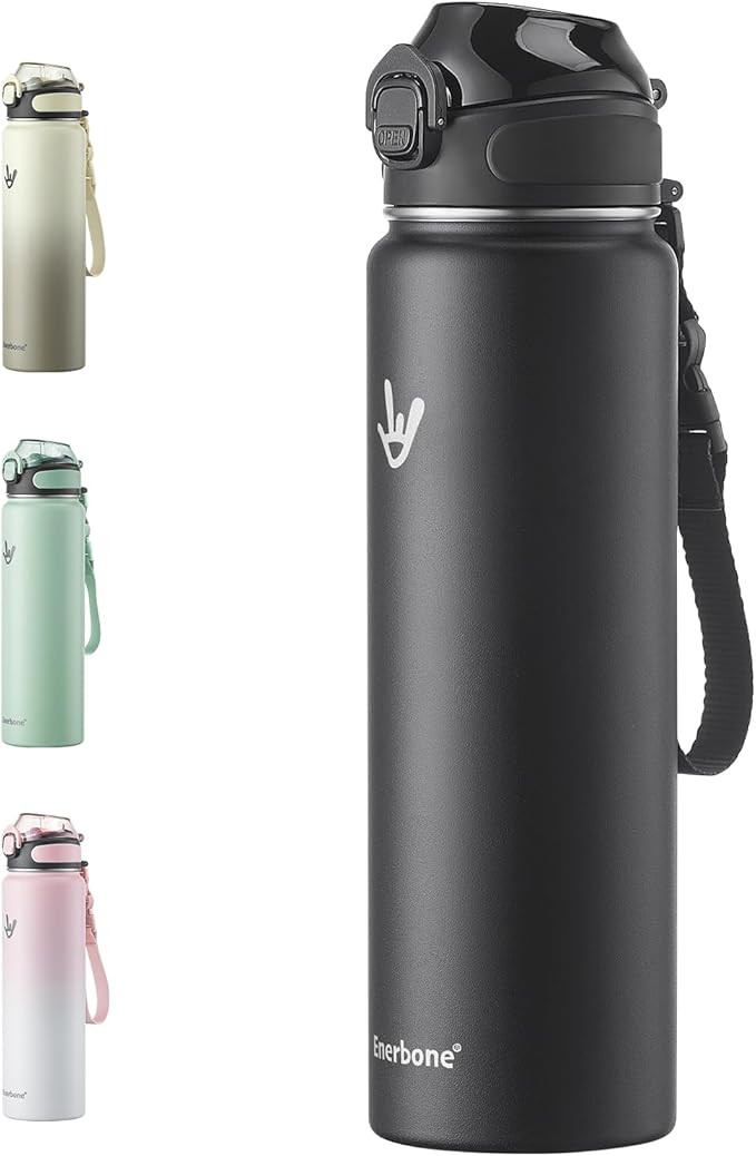Enerbone Insulated Water Bottle, 32 oz Stainless Steel Water Bottles with Carrying Strap, Double-Wall Vacuum Insulation Thermos, Leakproof Sports Bottle with Straw, Keep Drinks Hot or Cold for Hours