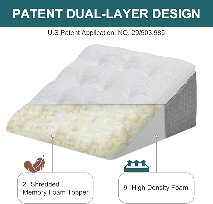 TANYOO Bed Wedge Pillow for Sleeping Patent Dual Layer Shredded Memory Foam Topper 11 Inch Triangle Pillow Great for Side Sleeper, Back Support, Acid Reflux, Anti Snoring Removable Breathable Cover