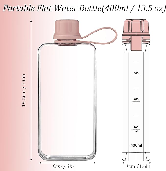 Tritan Transparent Flat Water Bottle samll Water Bottle Slim Square Pocket Bottle Water Flask, BPA Free/Slim Design/Leak Proof Water Bottle for Travel, Outdoor, Sports, Camping (Pink, 400ML)