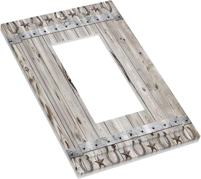 Rustic Western Wood Barn Door Horseshoe Iron Star 1 Gang Rocker Light Switch Covers Single Decora Outlet Wall Plate Decorative Switchplate Faceplate GFCI for Farmhouse Country Bedroom Decor
